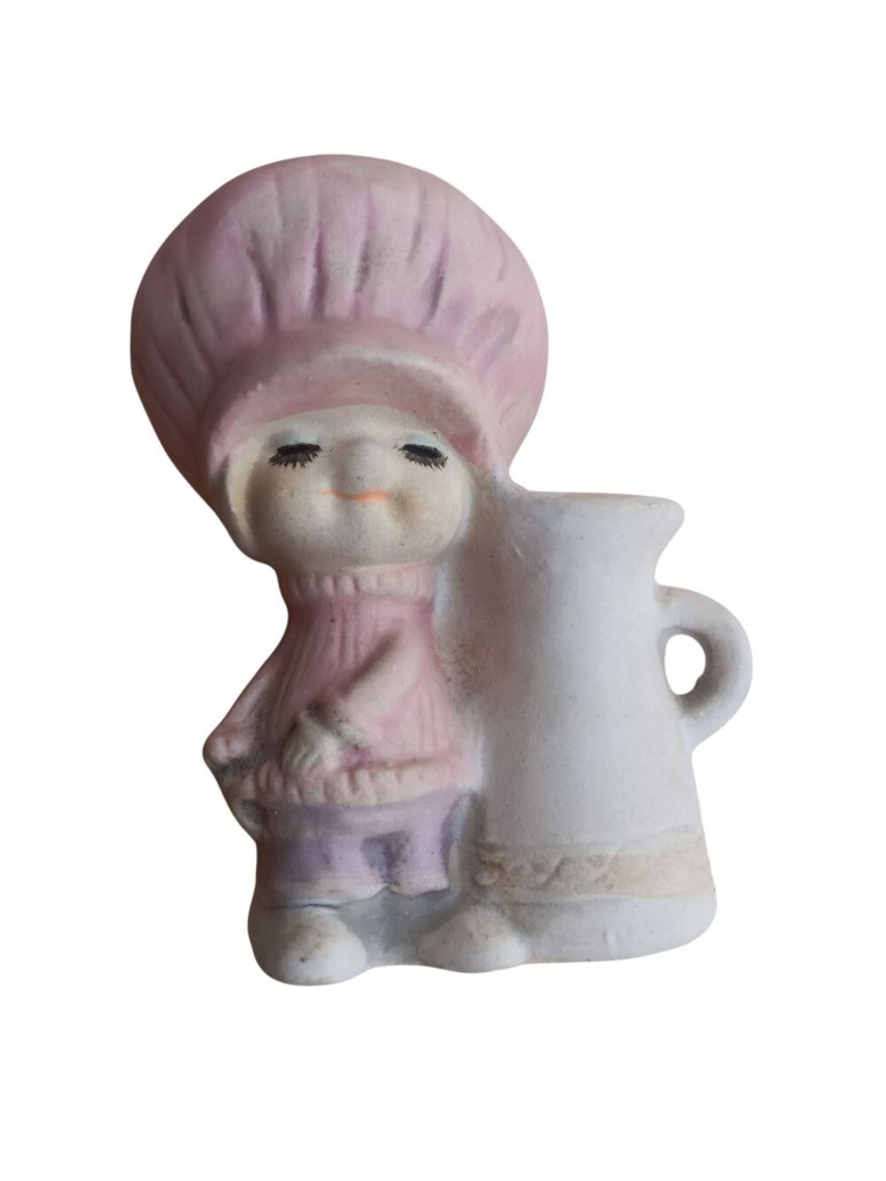 Vintage Big Bonnet Girl Japan 1970's Pink Figurine With Jug 4" UCTCI Statue